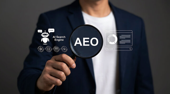 Man holding magnifying glass focused on AEO AI search engine concept