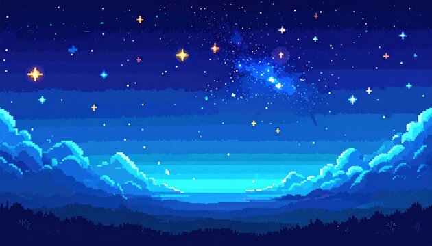 Vibrant pixel art galaxy with glowing stars and clouds.