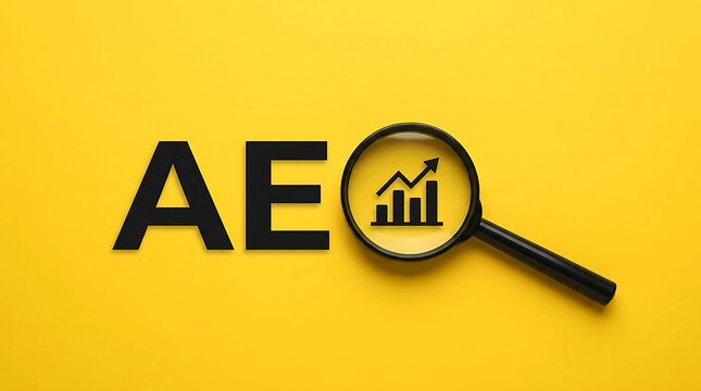 AEO letters with magnifying glass over growth chart on yellow background