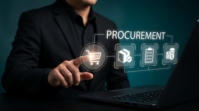 Businessman pointing at digital procurement shopping cart icon with laptop