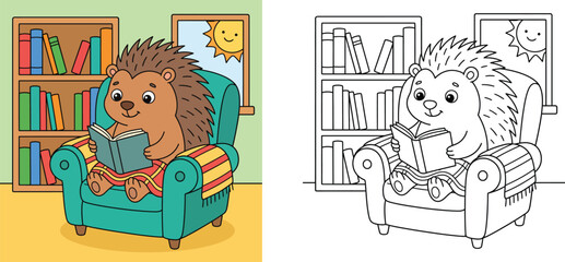 Cute hedgehog reading book in armchair coloring book page template with colored example, funny cartoon animal character learning vector illustration for kids activity worksheet © MSTA