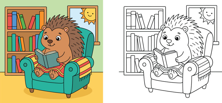 Cute hedgehog reading book in armchair coloring book page template with colored example, funny cartoon animal character learning vector illustration for kids activity worksheet