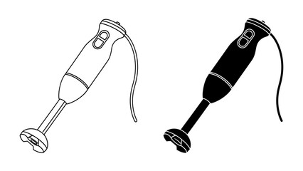 Handheld Blender Icons: Two icons of a handheld blender, one in outline and the other in silhouette, representing kitchen appliance functionality and design. © abidakhatun