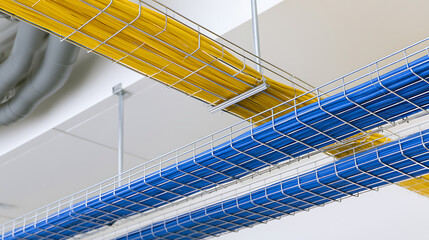 Fototapeta premium Organized Network Cables in Wire Trays on a Ceiling for Data Transmission and Infrastructure in a Modern Technology Environment