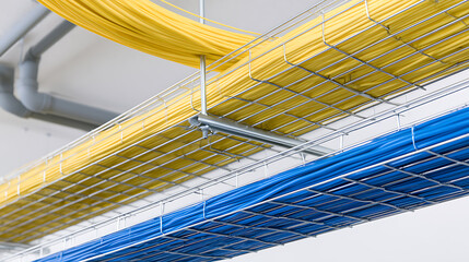 Fototapeta premium Vibrant Yellow and Blue Network Cables Neatly Arranged in Metal Trays on a Ceiling, Symbolizing Modern Connectivity and Organized Infrastructure