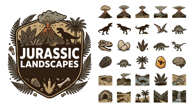 Jurassic landscapes vector icon set, vintage dinosaur badge with volcano and prehistoric elements, 25 ancient world nature symbols for branding