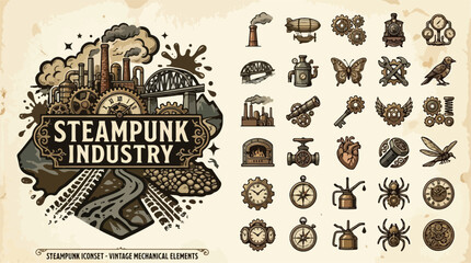 Naklejka premium Steampunk industry vintage mechanical elements, retro Victorian machine icons set, antique industrial factory vector illustrations