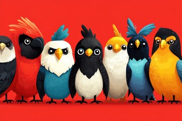 Fototapeta premium Colorful cartoon birds in a row against a vibrant red background, showcasing various species with distinct features and expressions