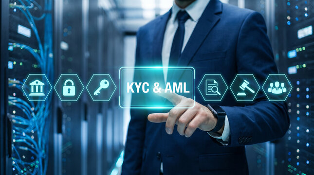 Professional businessman in a suit interacting with digital kyc and aml virtual icons for security
