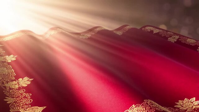 Juneteenth celebration banner with vibrant red fabric intricate gold embroidery and warm sunlight