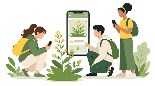 Group of people observing plant with smartphone app.