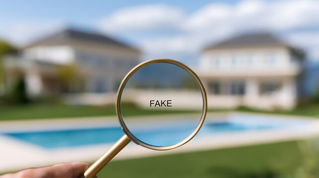 Examine a luxurious house and swimming pool for authenticity, searching for deception with a magnifying glass held to reveal the word 'FAKE'