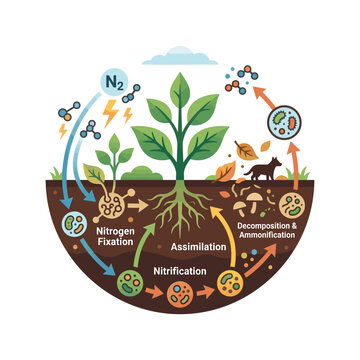 Biological nitrogen cycle diagram with plant and soil microbes