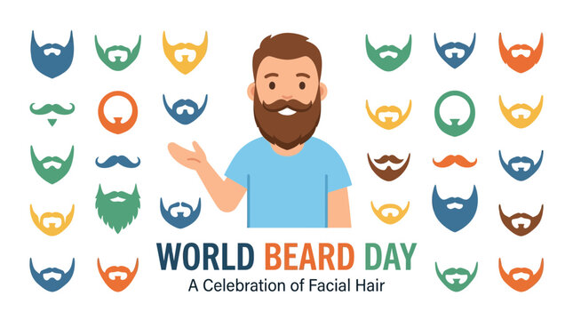 World Beard Day Celebration Poster with Man and Various Facial Hair Styles