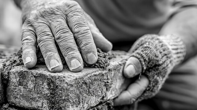 Close-up of weathered hands with textured gloves carefully placing a rough stone, emphasizing craftsmanship and labor