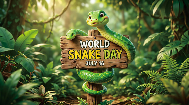 Cute green snake wrapped around World Snake Day sign