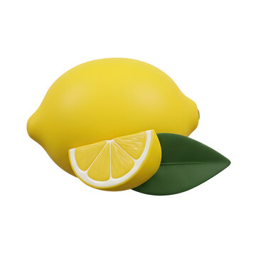 3D render of a whole lemon with a slice and leaf