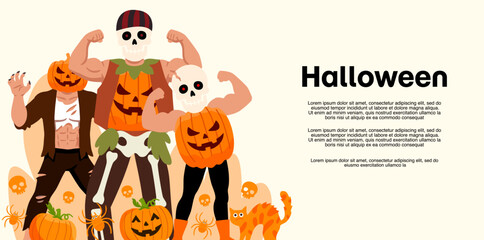 Fototapeta premium happy children wearing spooky costumes celebrating halloween party banner