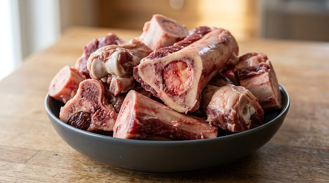 A large pile of raw beef bones in a bowl, meticulously prepared for making nutritious broth and stock
