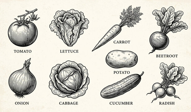 Detailed Vegetable Illustration Collection &ndash; Hand-Drawn Black & White Farm Fresh Vector Set