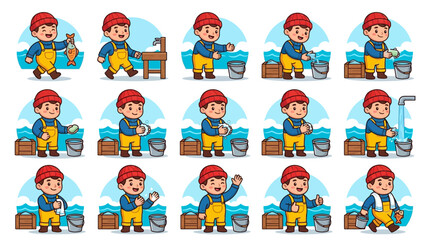 Fototapeta premium Cartoon Fisherman Washing Hands and Fish by the Sea, Step-by-Step Sequence