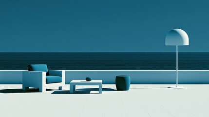 Naklejka premium Minimalist modern lounge seating area with armchair, coffee table, and floor lamp overlooking a tranquil ocean view
