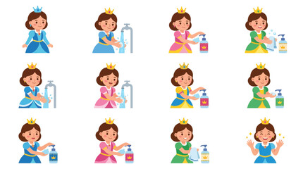 Fototapeta premium Cute Princess Washing Hands with Soap and Water, Hygiene Concept