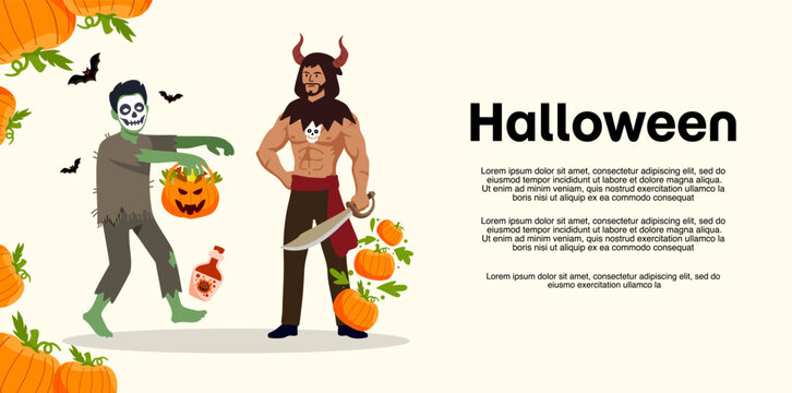 spooky zombie and red devil character holding halloween pumpkins
