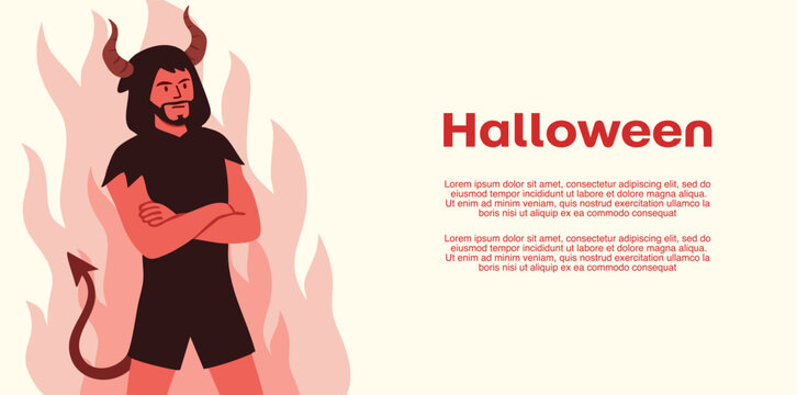 handsome muscular man in red devil costume with flames