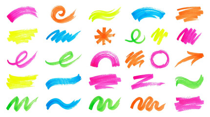 Obraz premium Neon highlighter pen brush strokes and doodle design elements. Bright colorful marker lines, swirls, and scribble textures for creative social media highlights, branding, web