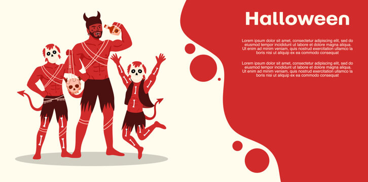 cute devil family with horns and tails celebrating halloween
