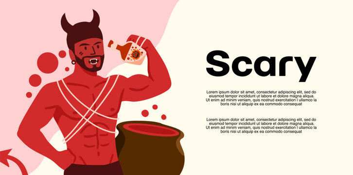 muscular red devil character drinking poison near a cauldron