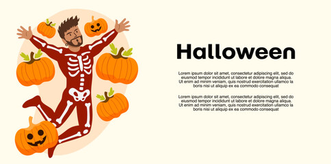 Fototapeta premium cheerful man in skeleton suit jumping high with pumpkins