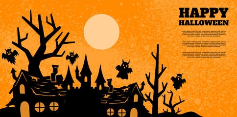 Silhouette haunted house stands beneath full orange moon glow © foxndeer