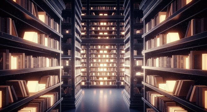 A vast celestial library featuring towering translucent shelves of radiant light and golden energy, representing infinite universal knowledge, soul, library, akashic