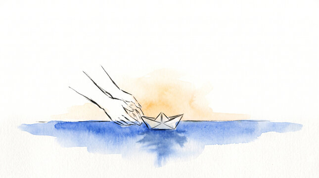 Minimalist blue watercolor ink hands releasing paper boat on water, representing courage, new beginnings, business startup and mental health letting go concept