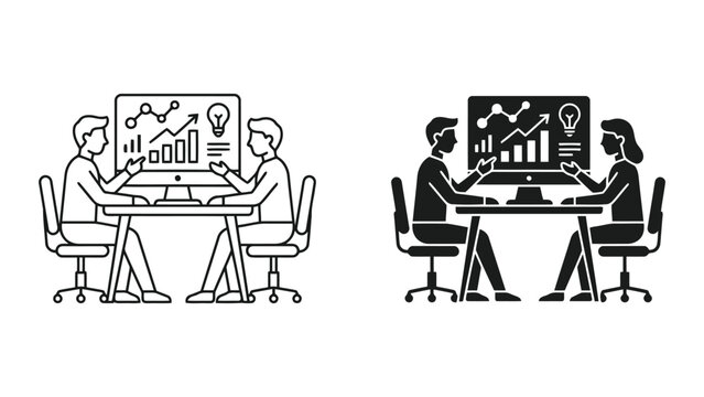 Business team analyzing data statistics on computer screen icon set