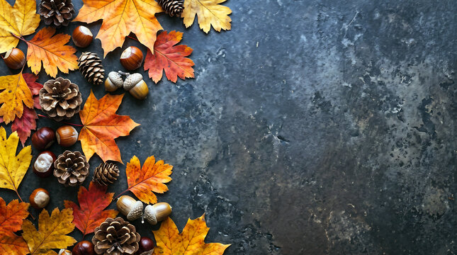 Colorful dried autumn leaves paired with brown pine cones and various nuts arranged neatly on a textured dark rustic stone background for a seasonal holiday display