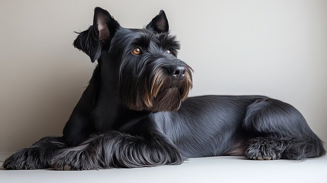 Black schnauzer dog lying, looking up, studio