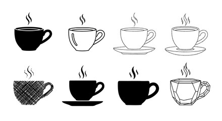Obraz premium Set of eight steaming coffee cups, various styles including outline, dotted, scribbled, and faceted designs, vector illustration