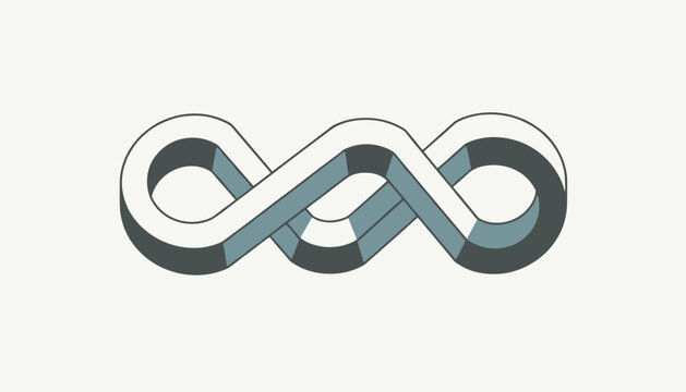 Intriguing monochromatic gray impossible infinity loop shape presenting a 3D isometric illusion on a white background.
