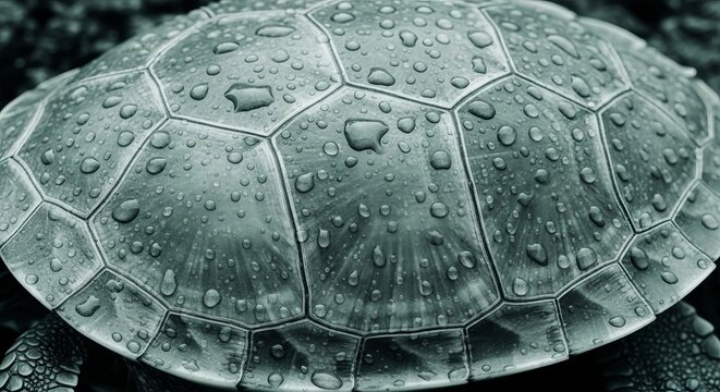 Monochromatic Macro View of a Damp Turtle Shell with Water Droplets.