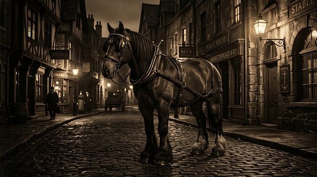 A powerful dark draft horse stands on a cobblestone street in a historic town at night