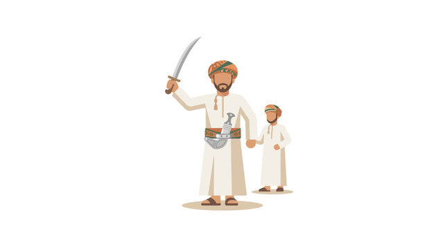 Omani father and son in traditional dress with khanjar dagger and sword