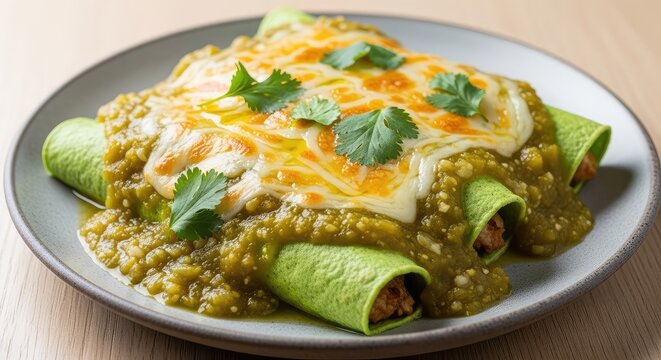 Detailed close-up of fresh green enchiladas rolled in corn tortillas, smothered in tangy salsa verde, melted cheese, and chopped cilantro, corn, verde, kitchen