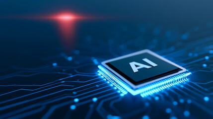 Close up of an AI processor chip on a circuit board with glowing blue lights and a red digital signal, symbolizing advanced technology and data processing