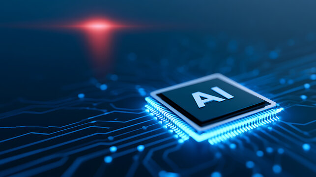 Close up of an AI processor chip on a circuit board with glowing blue lights and a red digital signal, symbolizing advanced technology and data processing