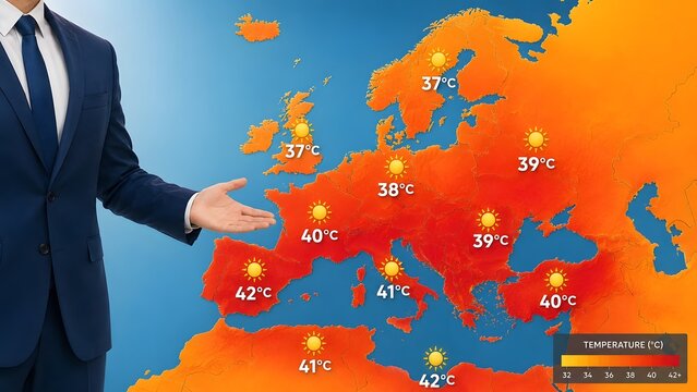 Meteorologist news presenter in a suit pointing at Europe weather map showing extreme heatwave and severe high temperatures