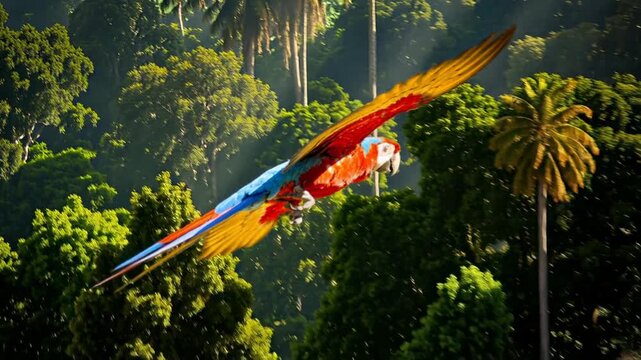 Colorful macaw parrot flying over tropical rainforest with lush green background and palm trees
