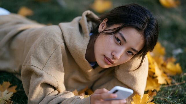 Kazakh teenager lying on grass in a public park, phone held at arm's length, social media open, a shadow of overwhelm crossing her face as autumn leaves fall around her,